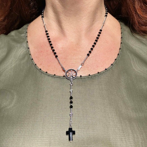Black Swarovski silver neck rosary
