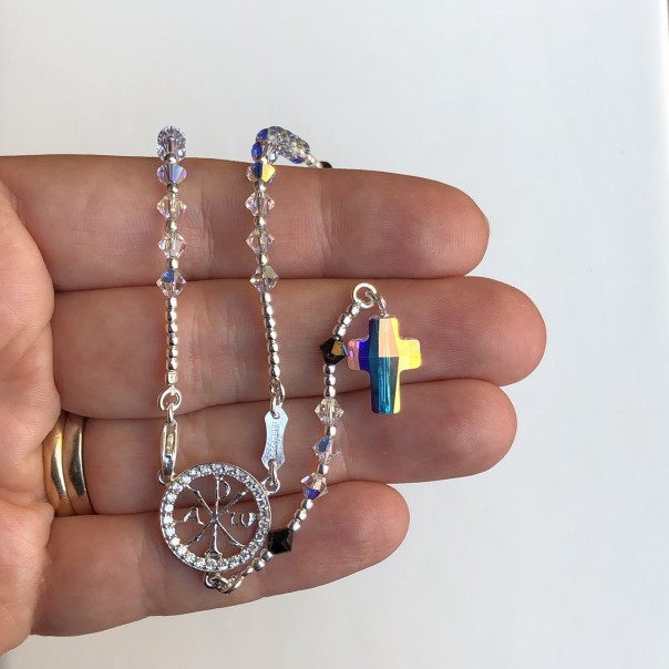 White Swarovski silver neck rosary