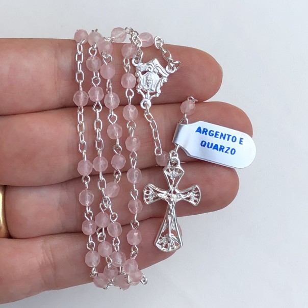 Rosario in argento e quarzo rosa