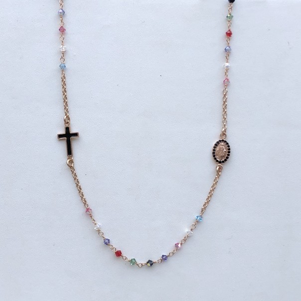 Rosary necklace in pink silver and multicolor crystal