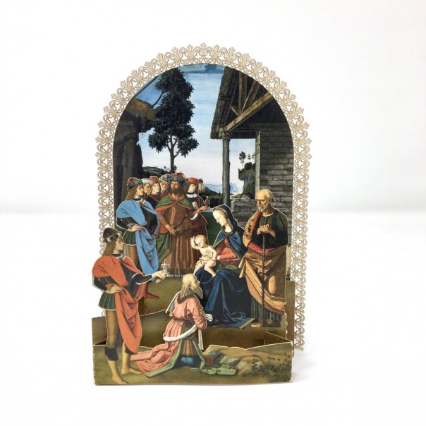 Biglietto auguri Natale presepe Perugino pop up merlettato