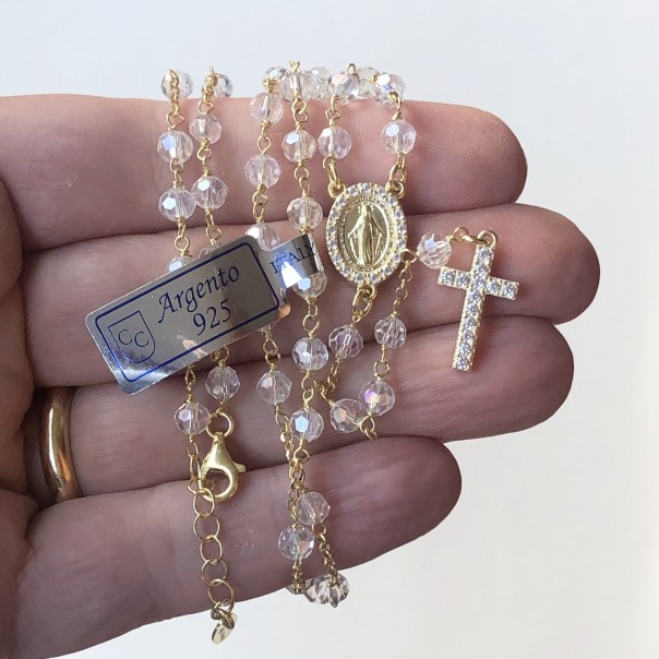 Rosario da collo in argento dorato zirconi