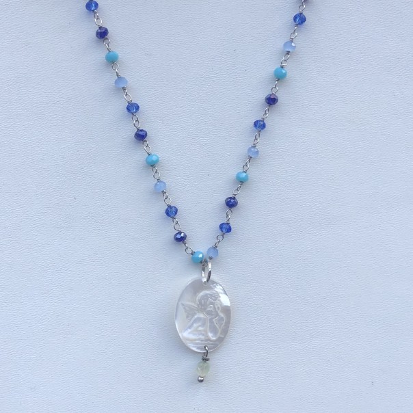 Necklace I hold you by the hand blue rosary