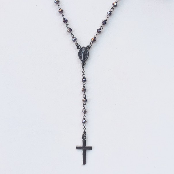 Rosary necklace in 925 black rhodium silver and crystals