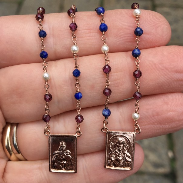 Necklace scapular in 925 silver and rhodocrosite
