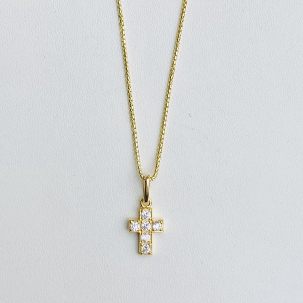 Golden silver zircons cross necklace