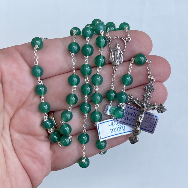 Rosary in silver and green agate 6 mm