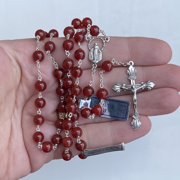 Silver and carnelian rosary 6 mm