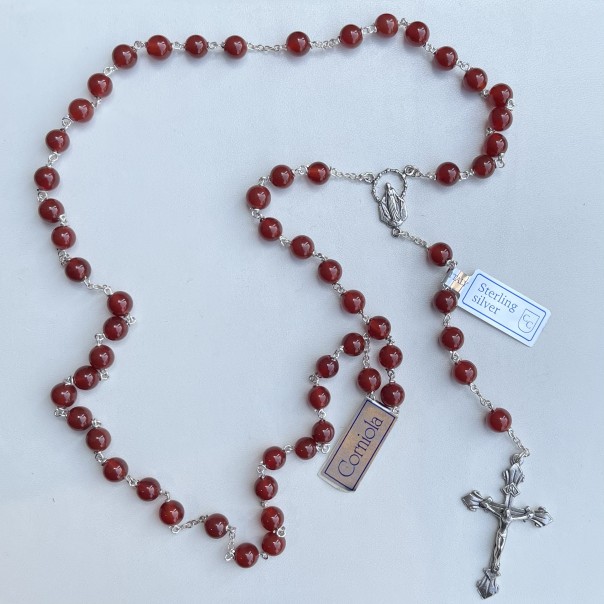 Silver and carnelian rosary 6 mm