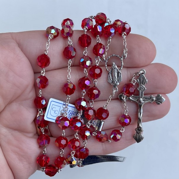 Rosario in argento e cristallo rubino iridato mm 6