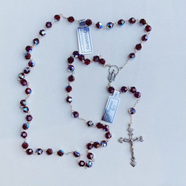 Rosary in sterling silver, burgundy crystal mm 6