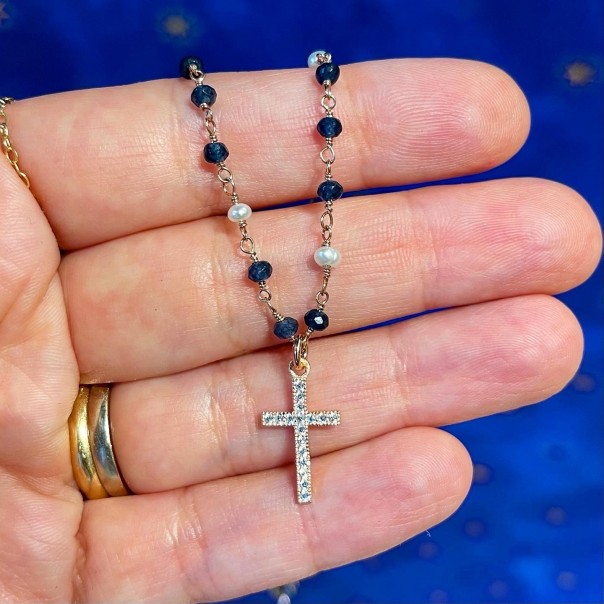Lapis pearl necklace and zircons cross
