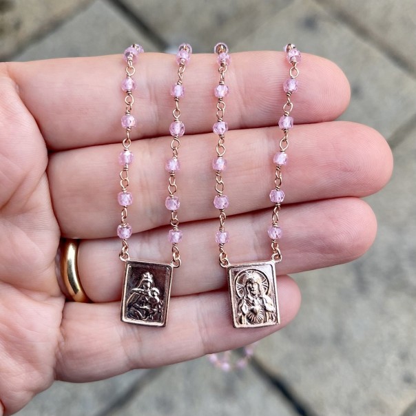 Pink sapphire scapular, Gold silver chains