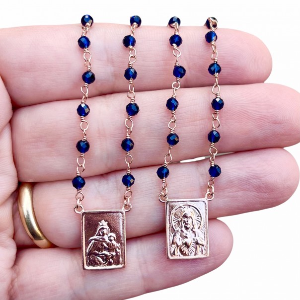 Scapular in rosy silver and blue sapphires, Silver chains