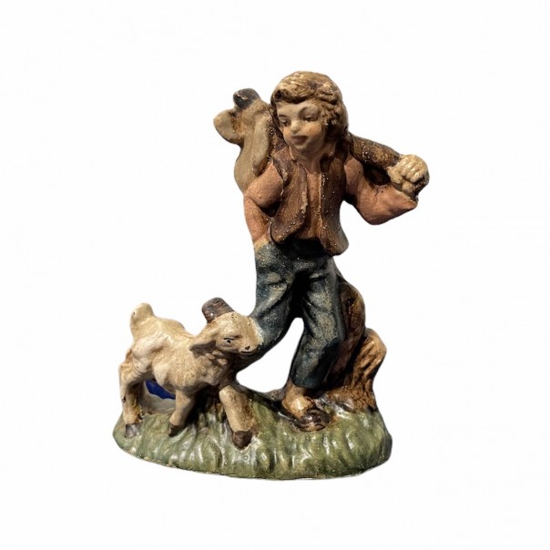 Shepherd with bundle and sheep -paper mache- 10 cm, Nativity scenes in