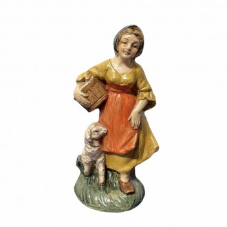 Woman with basket and sheep -paper mache- 10 cm, Nativity scenes