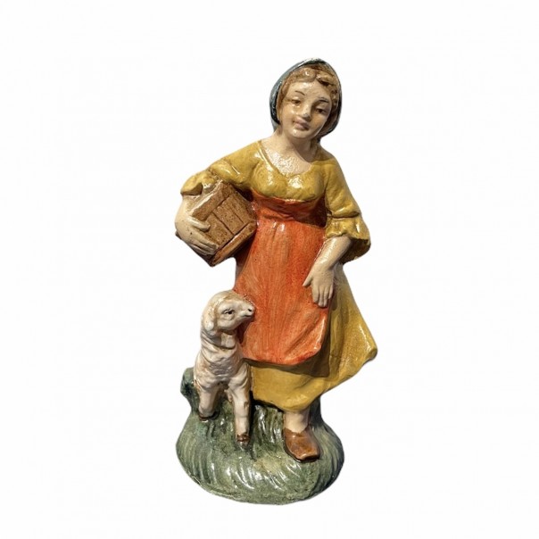 Woman with basket and sheep -paper mache- 10 cm, Nativity scenes