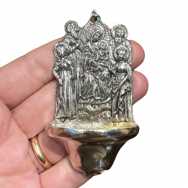 Holy water font in silver Madonna and Child
