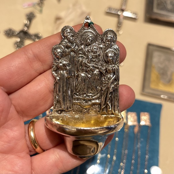 Holy water font in silver Madonna and Child