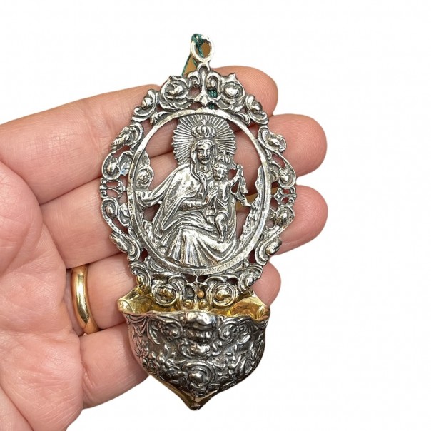Holy water stoup in silver Our Lady of Mount Carmel