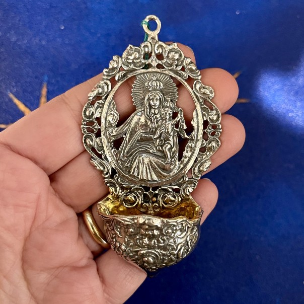 Holy water stoup in silver Our Lady of Mount Carmel