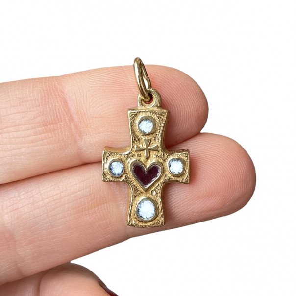 Sacred heart cross in bronze with fired enamel