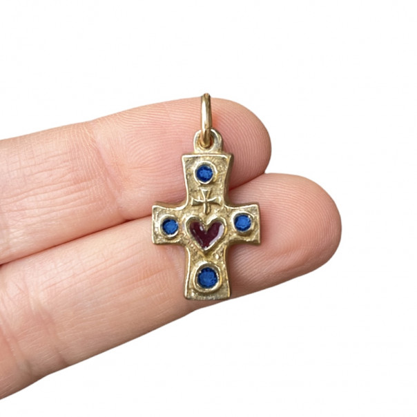 Sacred heart cross in bronze with fired enamel