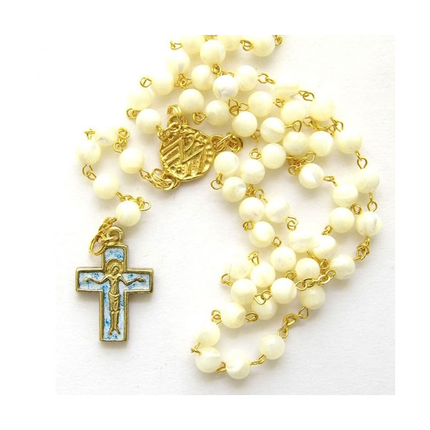 Mother of pearl rosary in gilded bronze with fire enamel