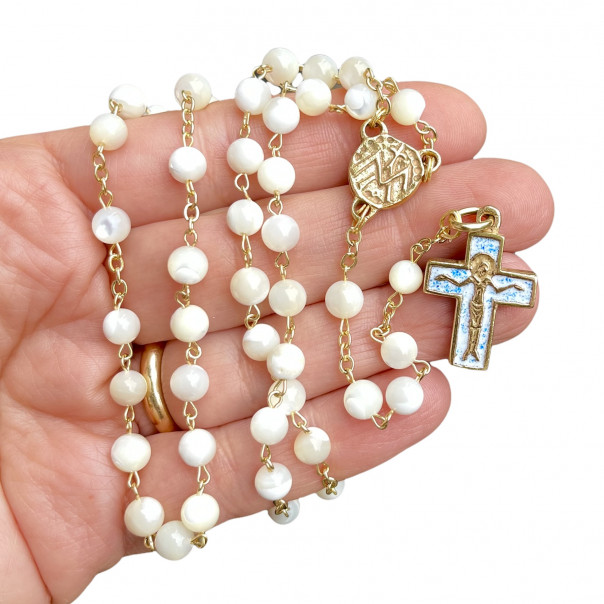 Mother of pearl rosary in gilded bronze with fire enamel