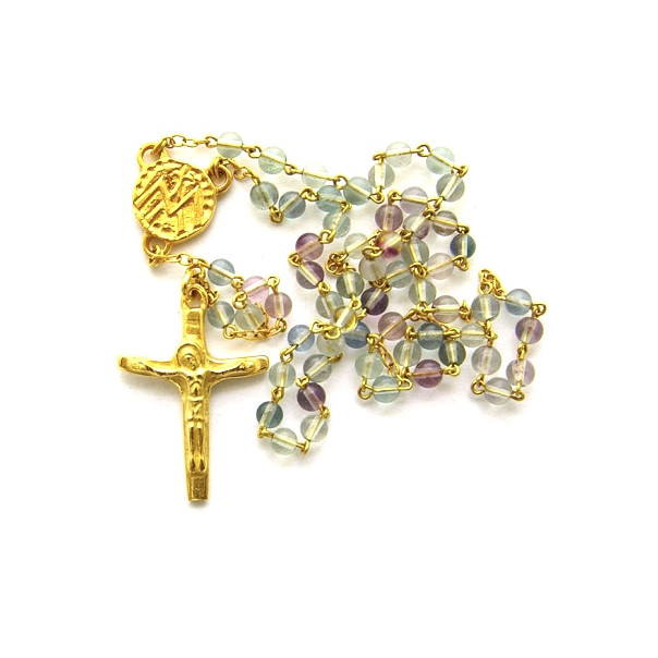 Rosario in fluorite e bronzo dorato