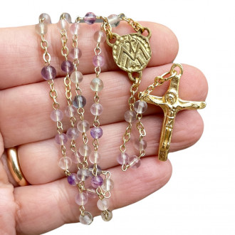 Rosario in fluorite e bronzo dorato