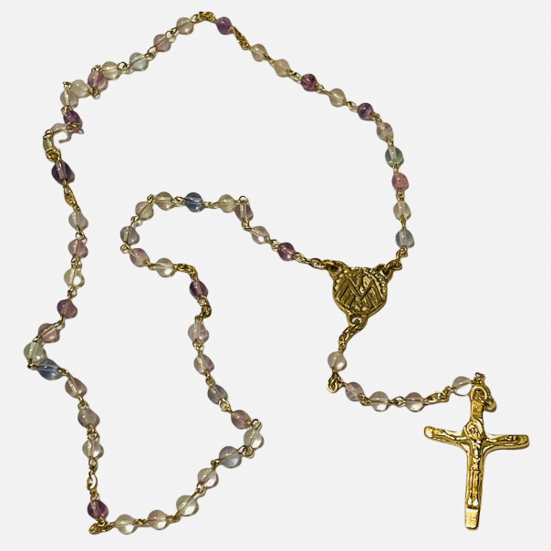 Rosario in fluorite e bronzo dorato