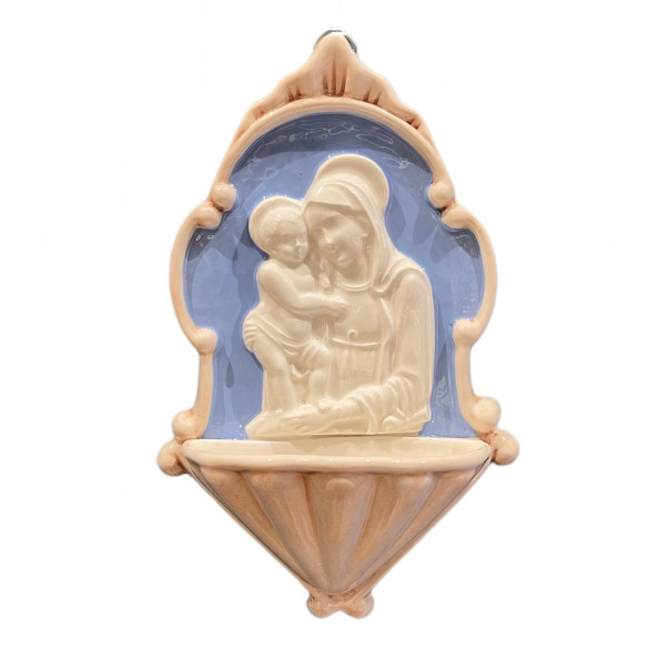Holy water font Madonna with Child in blue and white ceramic