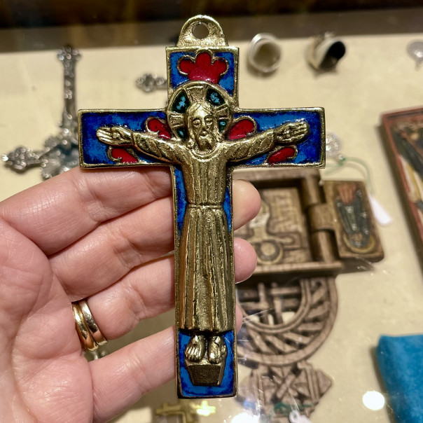 Crucifix in enamelled bronze