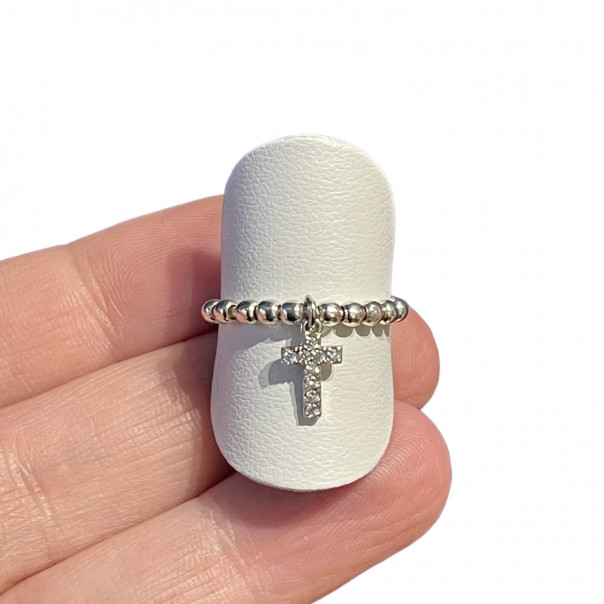 Anello rosario grani scorrevoli con croce pendente.