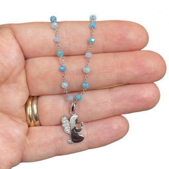 rosary necklace with praying guardian angel pendant in silver and zircons