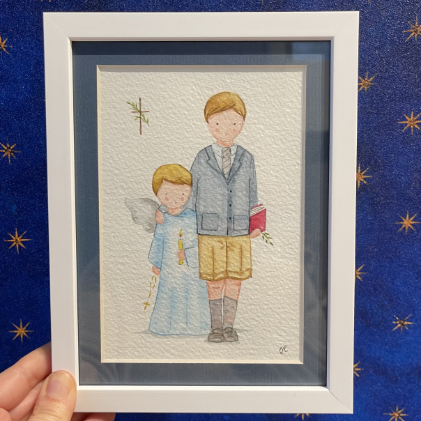 Acquarello Angelo custode con ragazzo