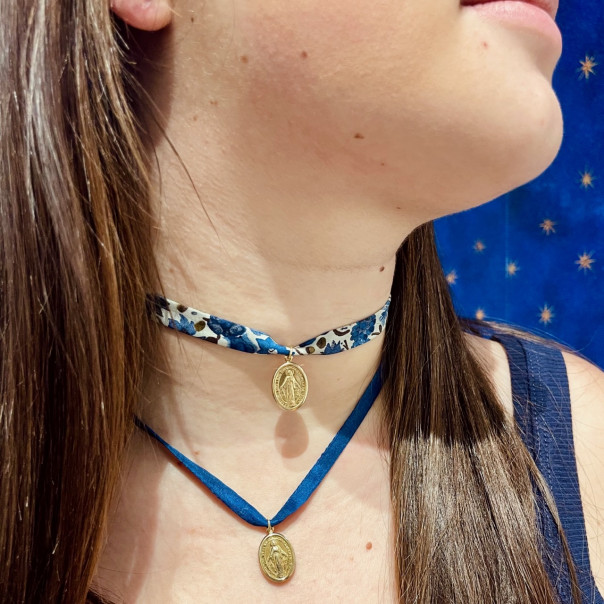 Miraculous medal with silk ribbon