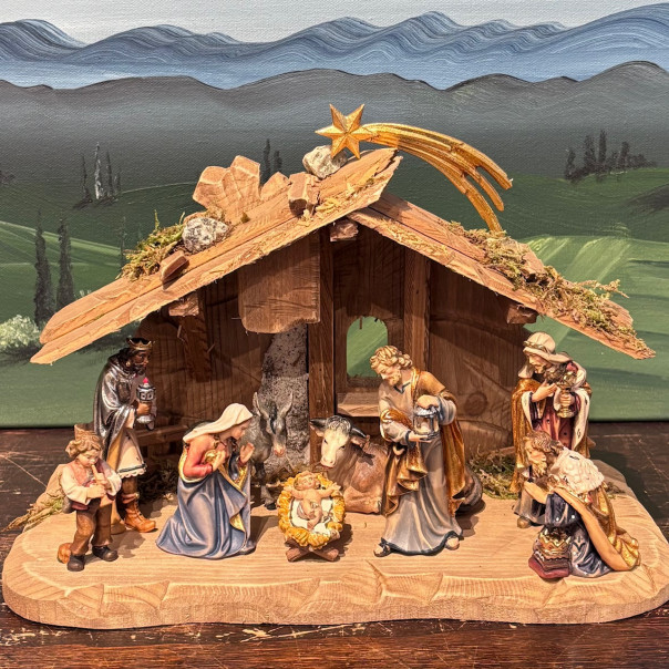 Set presepe in legno con re Magi e capanna Kostner cm 9,5