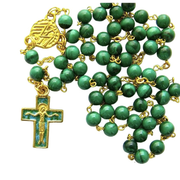 Rosario in malachite e bronzo dorato