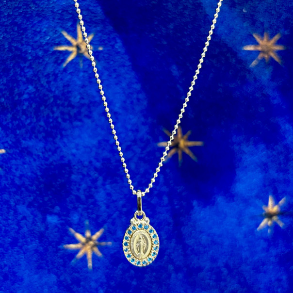 Choker necklace in 925 gold-plated silver with Miraculous Medal in 925 gold-plated silver with set blue zirconia.