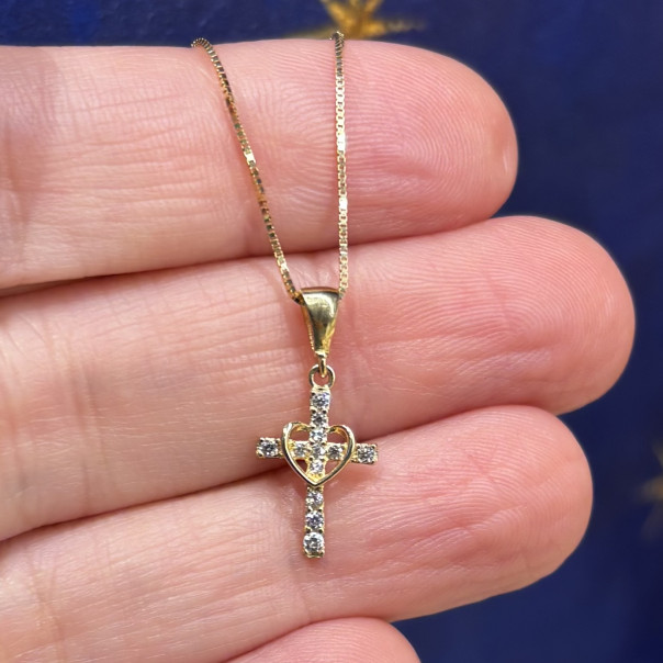 Croce con cuore oro 18 carati  zirconi