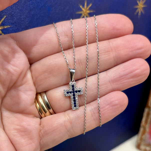 925 silver necklace with white zirconia cross and blue sapphire