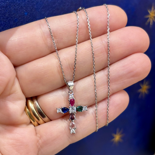 Small multicolor zircon cross necklace