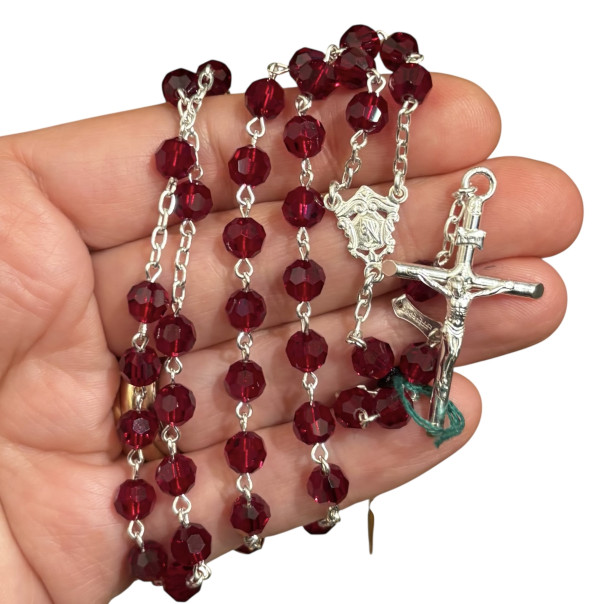 Rosary in sterling silver, burgundy...