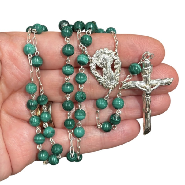 Rosario in argento e malachite