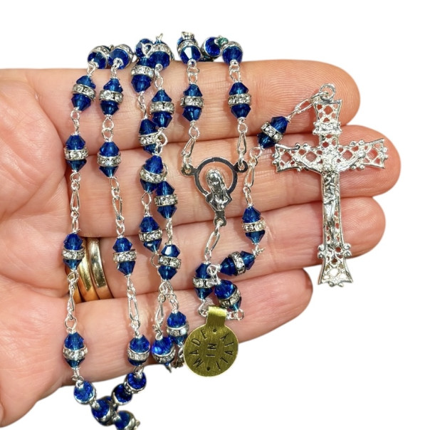 Rosario in argento e cristallo blu e...