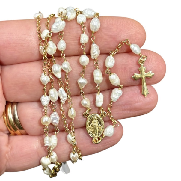 Rosary in gilded silver and river pearls