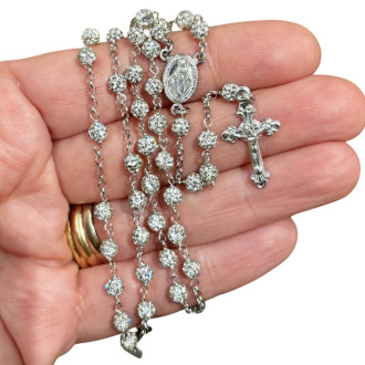 Rosary in silver and white cabochon crystals