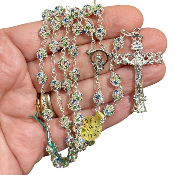 Rosary in silver and multicolor cabochon crystals